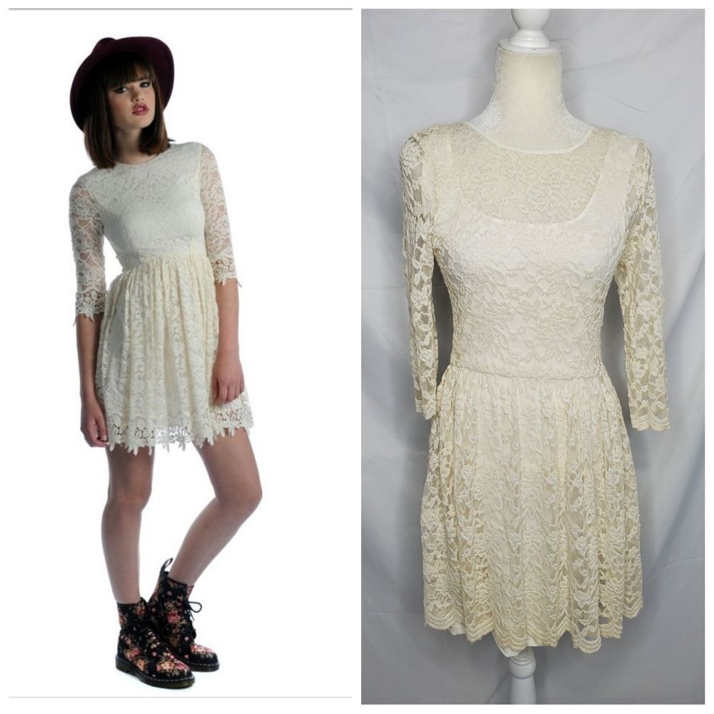 LEILANNI white lace dress fit‎ and flare boho skater 3/4 sleeve M